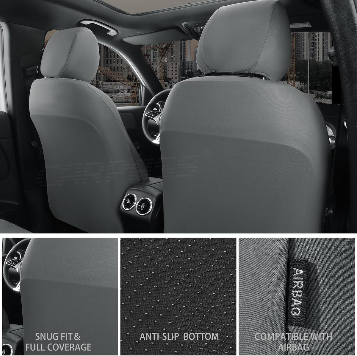 CAR PASS Car Seat Covers Full Sets, Front & Split Rear Bench for Car, 3D Tyre Embossed Automotive Interior Covers, Airbag Compatible, Quick Setup Universal Fit Seat Covers for Car, SUV(Charcoal)