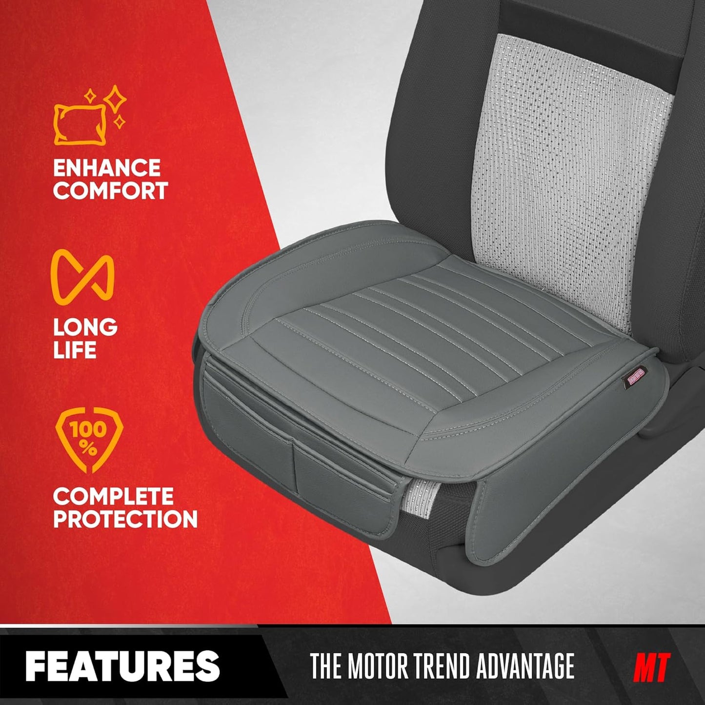 Motor Trend Seat Covers for Cars Trucks SUV, Faux Leather 2-Pack Black Padded with Storage Pockets, Premium Interior Car Seat Cover