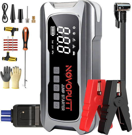 6000A Jump Starter with Air Compressor, PD 65W Fast Recharging,Portable Car Battery Jumper Starter for All Gas &10.0L Diesel, Dual Cylinder Fast Inflator with Light,12V Battery Booster Emergency Kit
