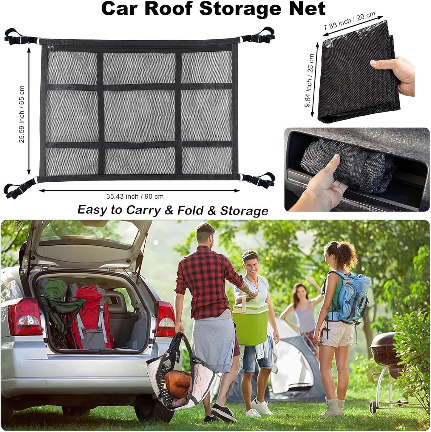 Car Ceiling Cargo Net for SUV,35.4"X25.6" Car Ceiling Storage,Load Capacity Automotive Cargo nets Interior Accessories for Van,Double-Layer Mesh Automotive Roof Camping Essentials