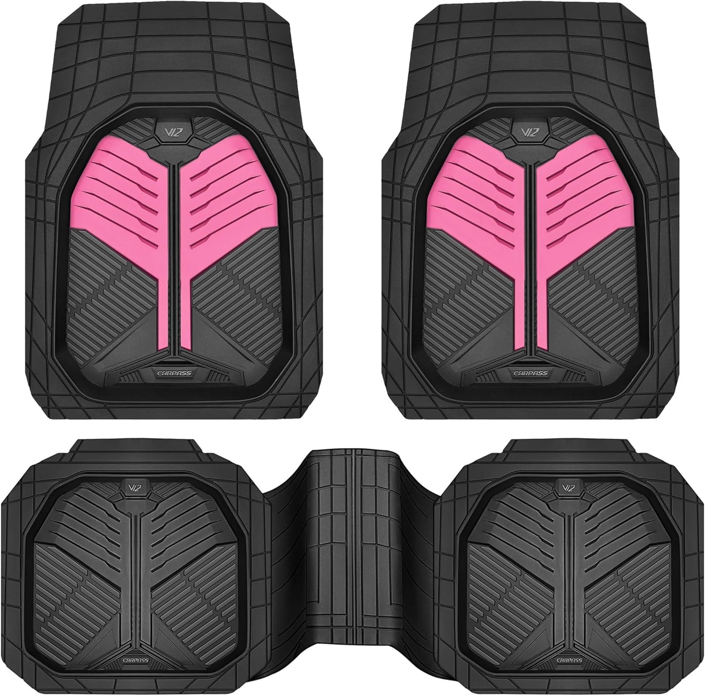 CAR PASS Heavy Duty Rubber Car Mats with Cargo Liner, Deep-Dish Car Floor Mats and Trunk Mat All Weather, Universal Trim-to-Fit for SUVs Trucks Sedans, Waterproof Anti-Slip, Trimmable V12 Black