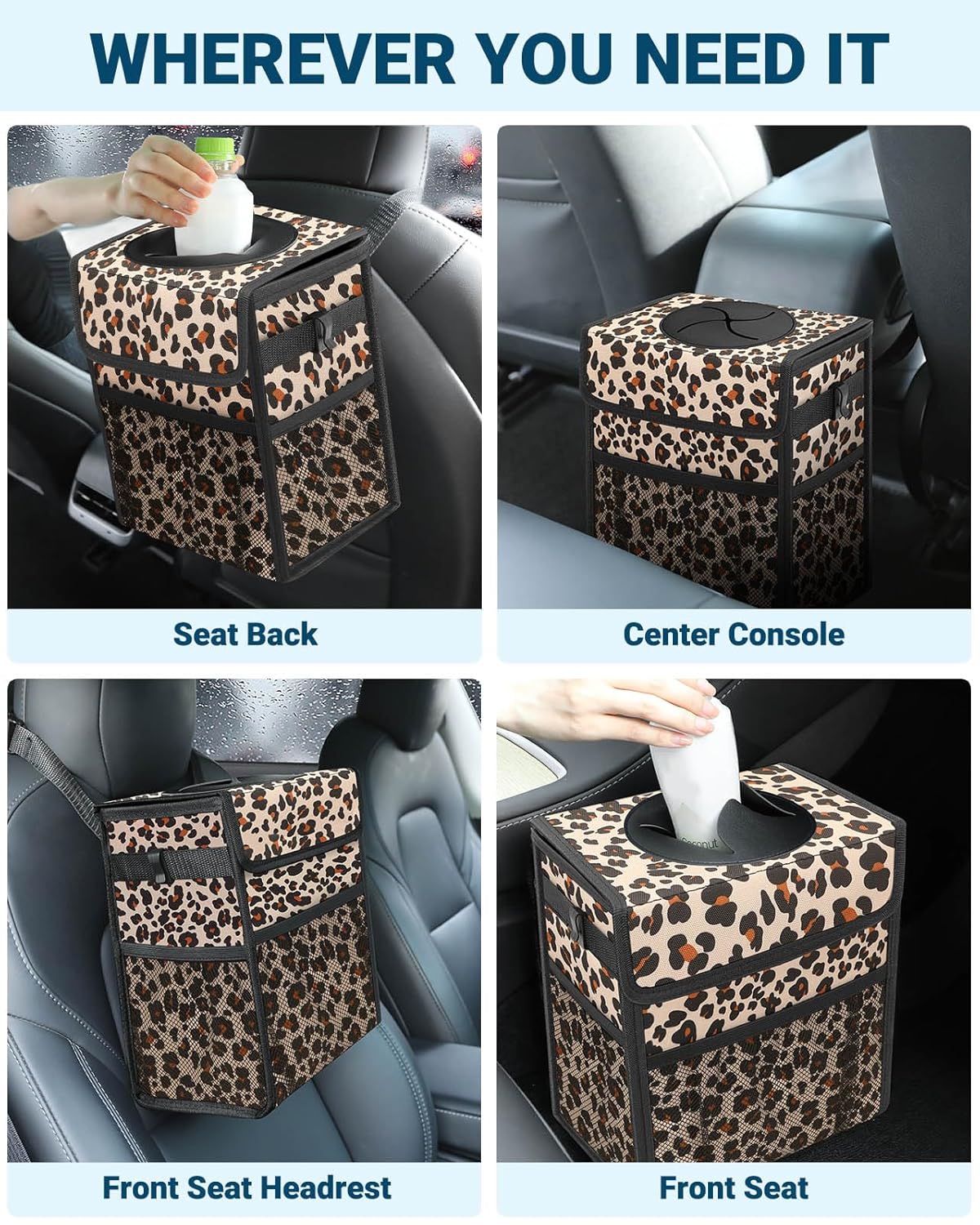 Capolo Car Trash Can with Lid, Leakproof Car Trash Bag Hanging Waterproof Automotive Garbage Can with Storage Pockets Mini Vehicle Trash Bin for Back/Front Seat(Black,2.5 Gallon)