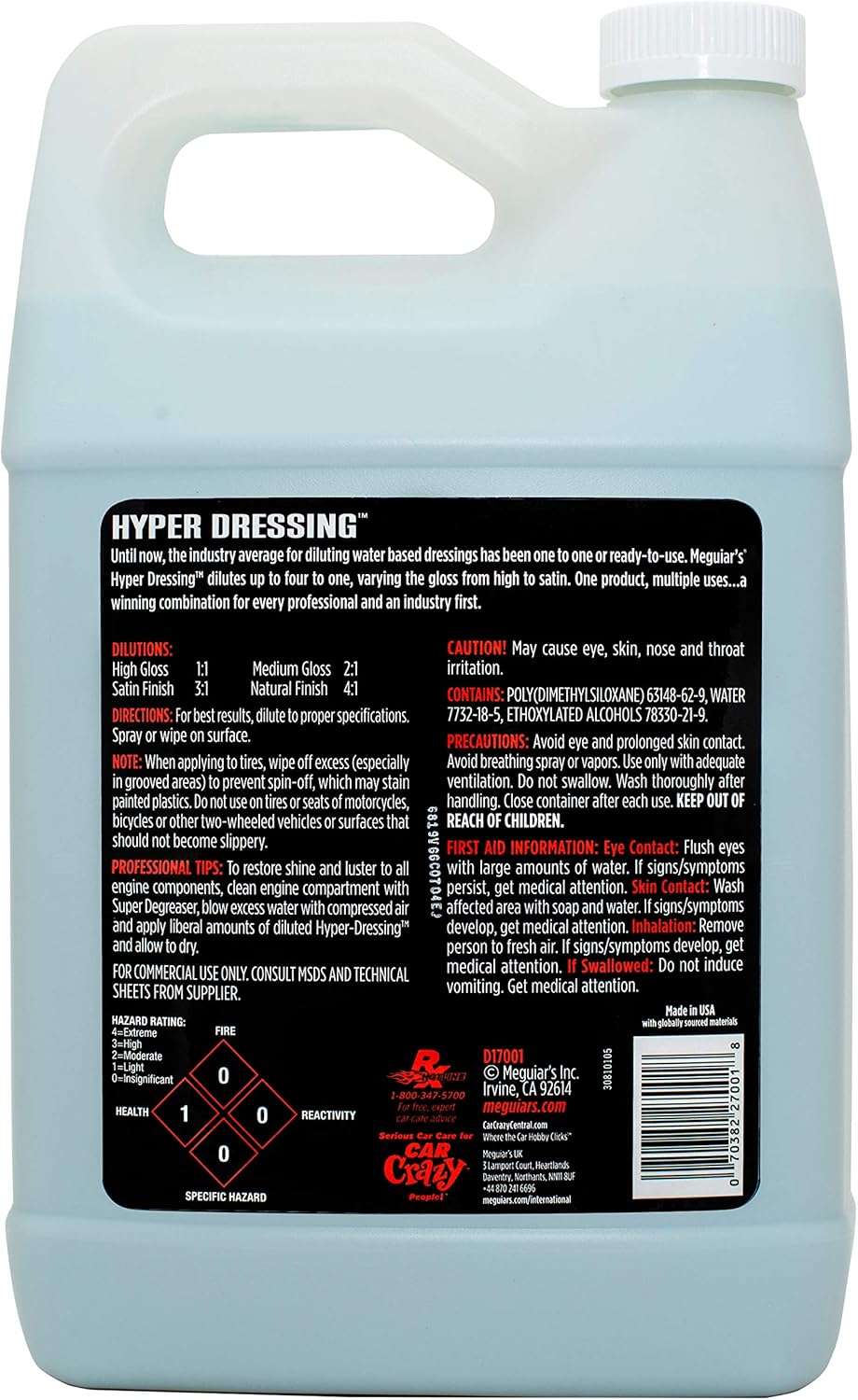 Meguiar's Hyper Dressing, 1 Gallon, Trim Shine For Drivers & Detailers— Car Wash Soap Restores Gloss And Deep Black Look; Use On Plastic And Rubber Trim, Tires, Bumpers And Wheel Wells