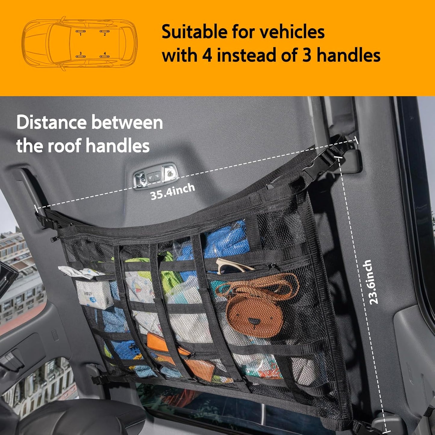 Car Ceiling Cargo Net with 3 Pockets,31.5"x21.6" Car Overhead Storage Mesh Organizer,Double Layer Roof Mesh Camping Overlanding Gear Must Haves Cargo Net,Road Trip Essentials (31.5"x 21.6")
