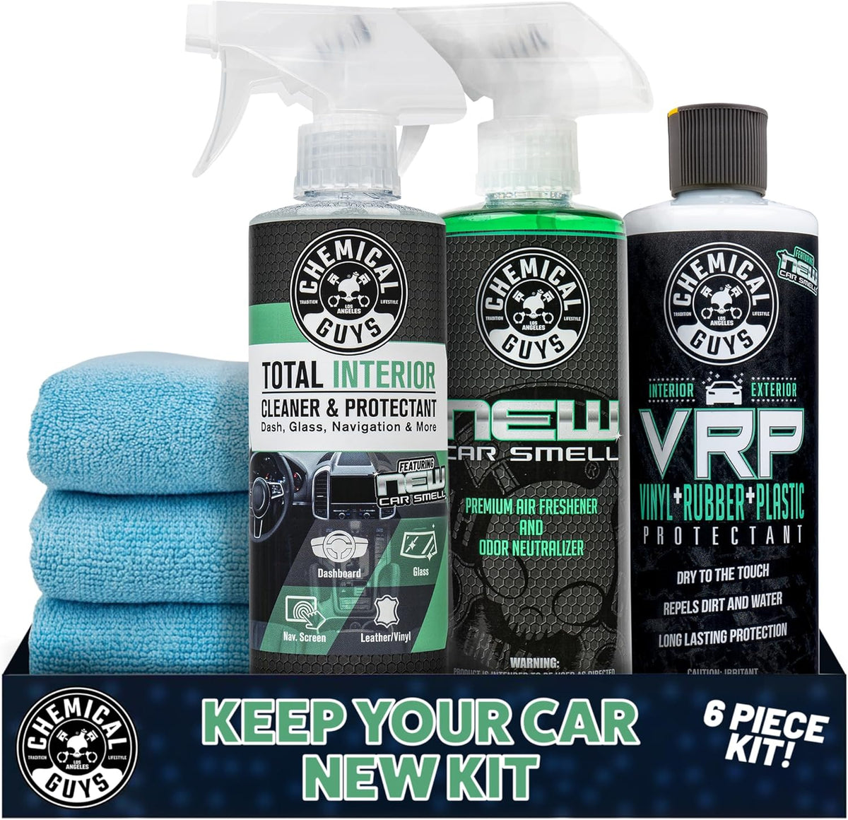 Chemical Guys Keep Your Car New Kit, Ideal for Cleaning and Detailing. Includes New Car Scented VRP, Total Interior, Air Freshener, and 3 Detailing Towels - 6 Piece Kit