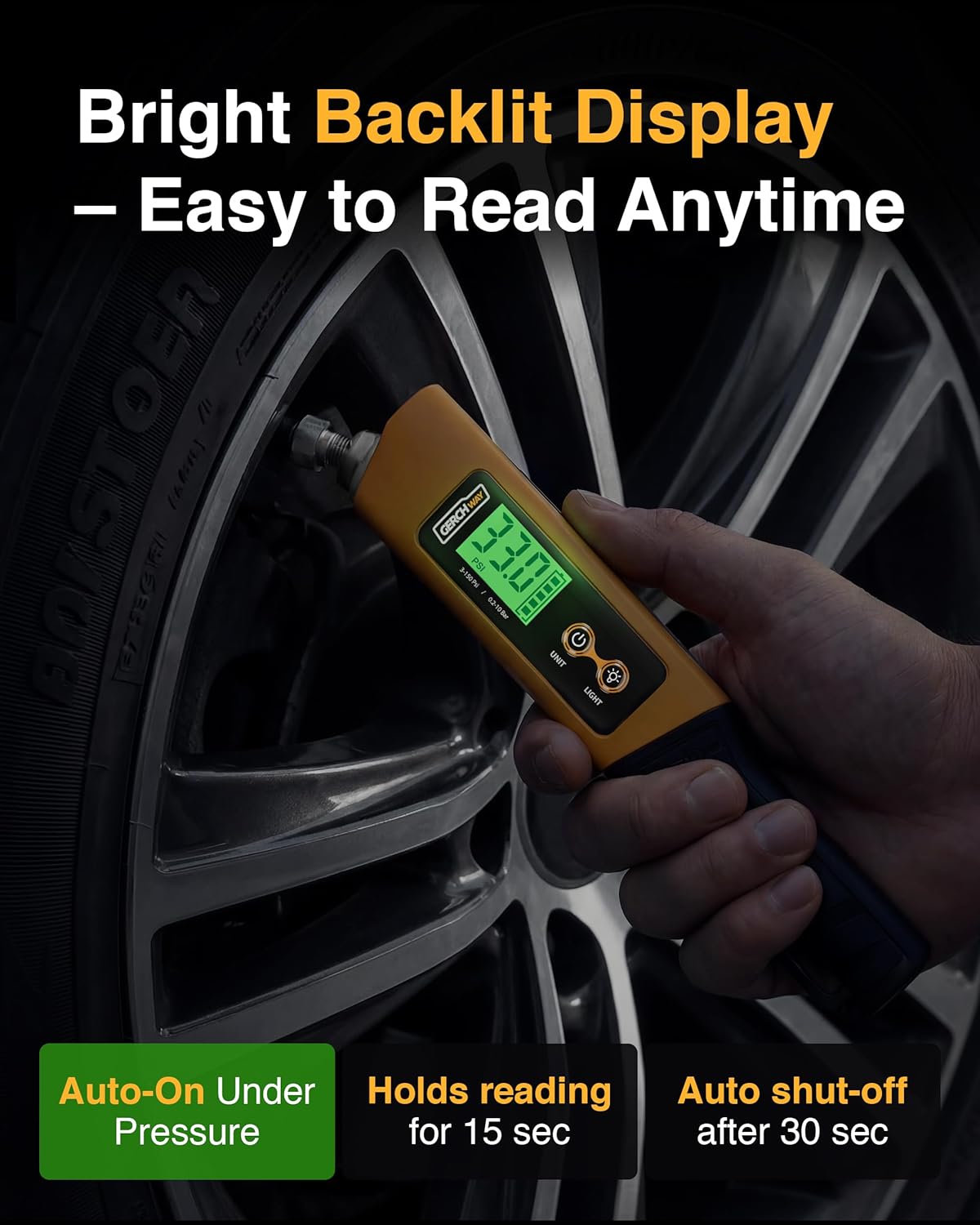 2-in-1 Digital Tire Pressure Gauge with Magnetic LED Work Light, USB Rechargeable, Lab Tested Air Gauge, 150 PSI