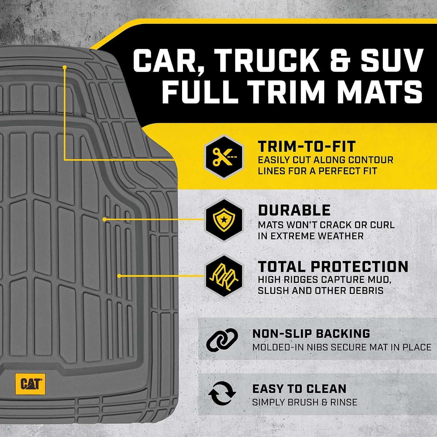 Cat® ToughRide™ Heavy-Duty 3 Piece Rubber All Season Floor Mats for Car Truck Van SUV, Black - Premium Trim to Fit Cars Floor Mat, All Weather Deep Dish Automotive Floor Mats, Total Dirt Protection