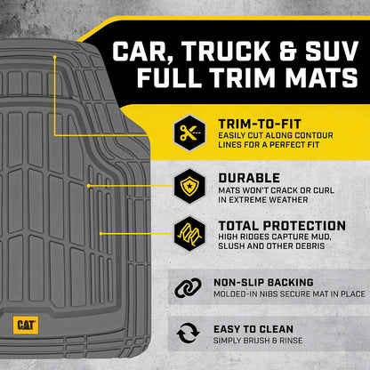 Cat® ToughRide™ Heavy-Duty 3 Piece Rubber All Season Floor Mats for Car Truck Van SUV, Black - Premium Trim to Fit Cars Floor Mat, All Weather Deep Dish Automotive Floor Mats, Total Dirt Protection