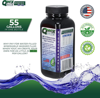 Qwix Mix Windshield Washer Fluid Concentrate, 1 Bottle Makes 32 Gallons, 1/4 oz. Makes 1 Gallon 100% Biodegradable