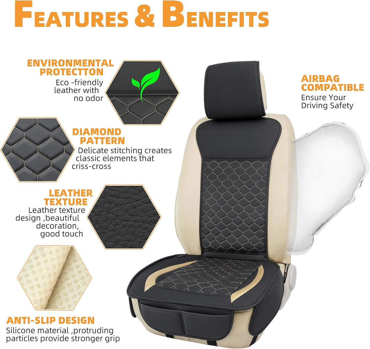 Elantrip 2PCs Front Car Seat Covers Leather Water Proof Seat Protector Universal fit for Most Cars SUVs and Trucks Black