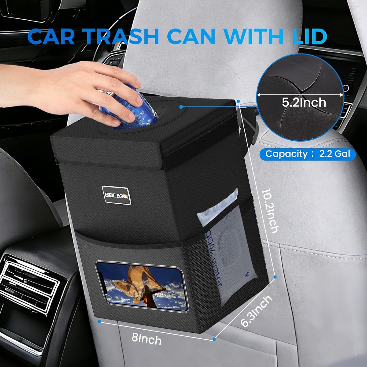 Car Trash Can with Lid - Trash Bag Hanging with Storage Pockets Leak-Proof SUV Organizer Collapsible and Portable Waterproof Truck Garbage Bin, 2.6 Gal Large Capacity Multipurpose Trash Bin for Van