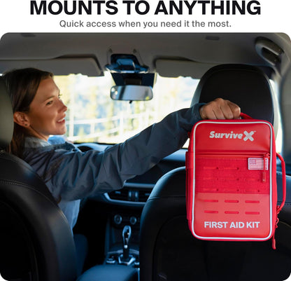 SurviveX Large Pro First Aid Kit for Car, Travel & Home - Emergency Kit for Hiking, Camping, Backpacking and Outdoors - Includes Zip Stitch Wound Closure Strips