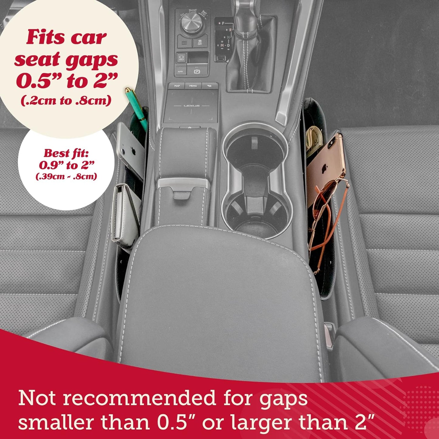 Lusso Gear Car Seat Gap Organizer - Pack of 2 - Prevents Items Falling & Seat Gap Filler - Universal Fit 0.5"-2" Slots & Automotive Use - Easy Clean Design for Auto Accessories - Gray Faux Leather