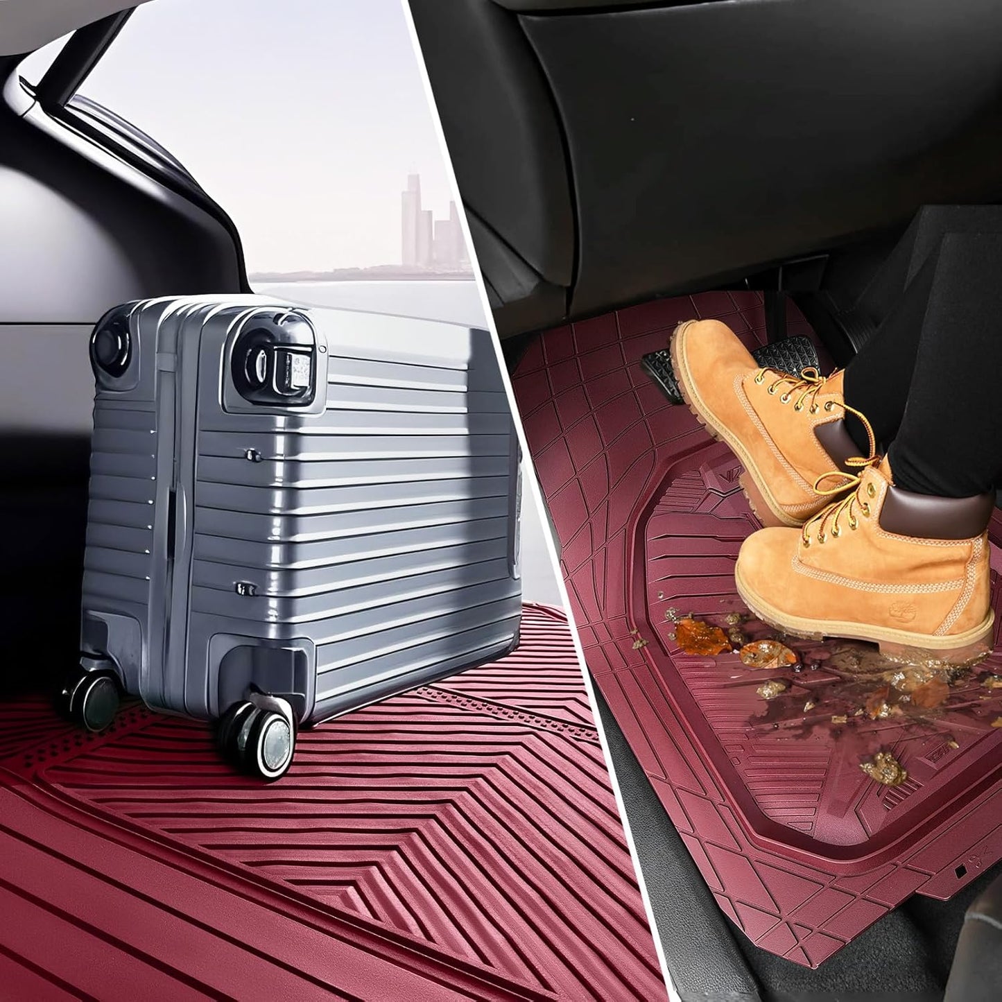 CAR PASS Heavy Duty Rubber Car Mats with Cargo Liner, Deep-Dish Car Floor Mats and Trunk Mat All Weather, Universal Trim-to-Fit for SUVs Trucks Sedans, Waterproof Anti-Slip, Trimmable V12 Black