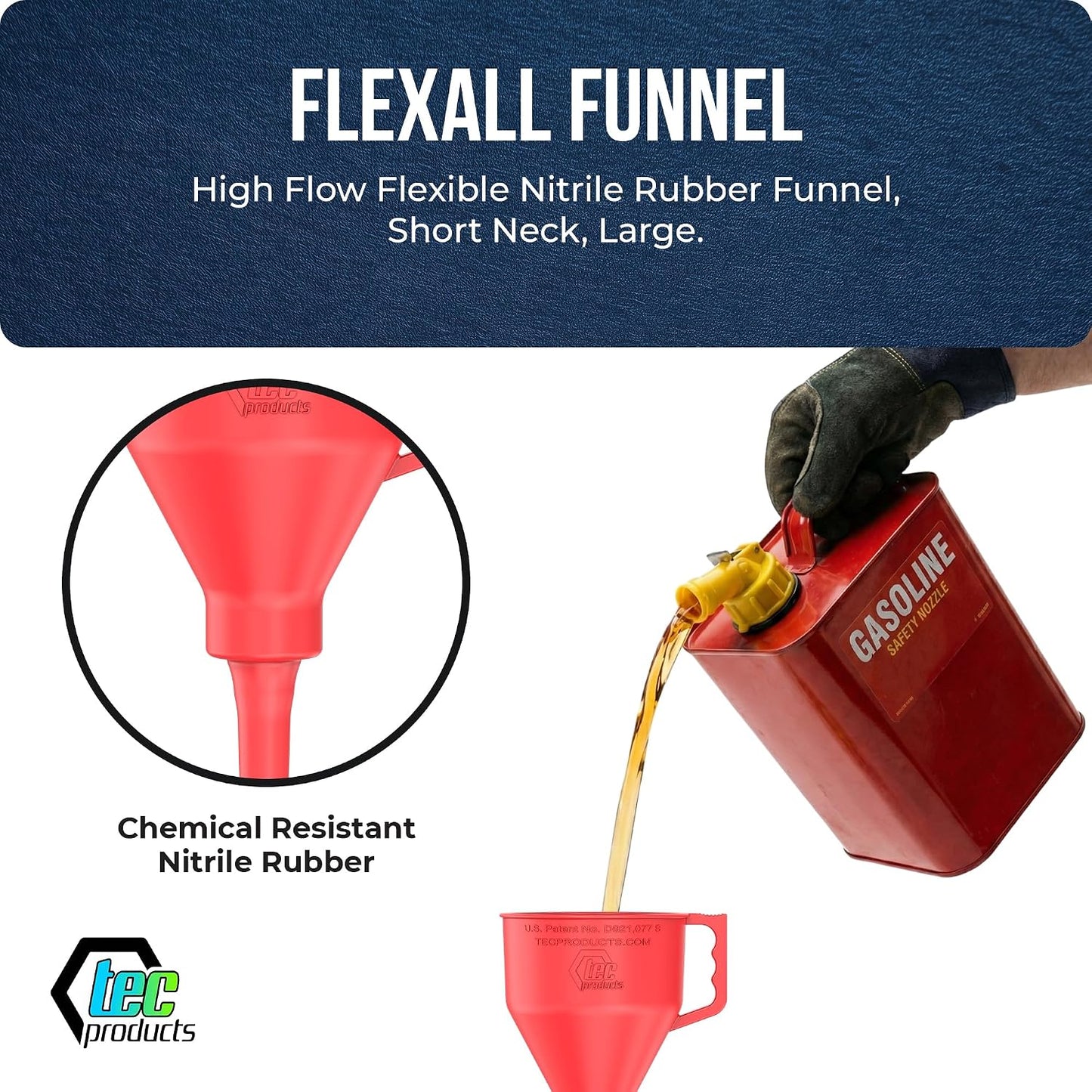 TEC Products FlexAll Short Neck Funnel - Flexible Funnel w/Hose, Durable Nitrile Rubber Automotive Funnels - Oil Change Tool for Transmission Fluid, Diesel, Gas - USA Made - Large (11 x 5.73 Inches)