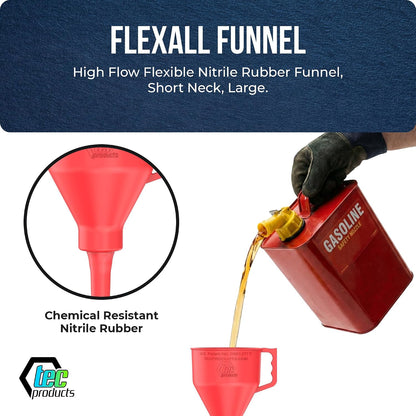 TEC Products FlexAll Short Neck Funnel - Flexible Funnel w/Hose, Durable Nitrile Rubber Automotive Funnels - Oil Change Tool for Transmission Fluid, Diesel, Gas - USA Made - Large (11 x 5.73 Inches)