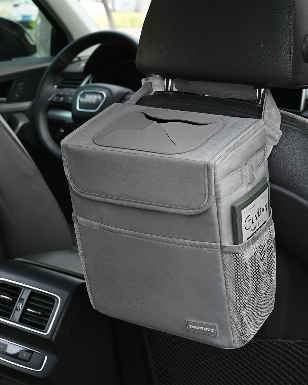 SIBOFUEGO Cute Car Trash Can with Lid – Multipurpose Collapsible Trash Bin for Car, Leak-Proof Organizer, Waterproof Garbage Can with Storage Pockets & Adjustable Straps, 2 Gallons (Black Leopard)
