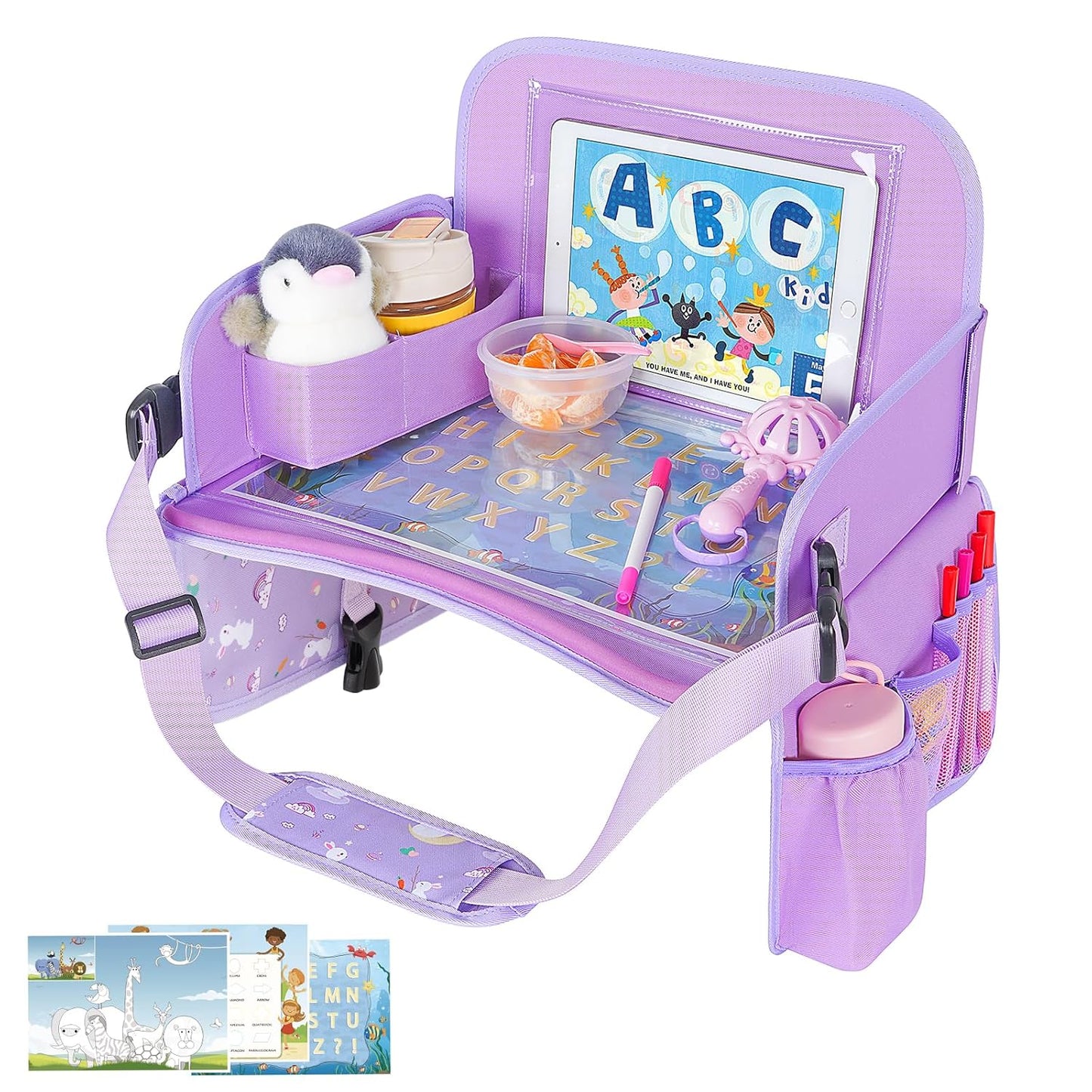 MENZOKE Kids Travel Tray for Toddler Car Seat, Road Trip Activities for Kids with iPad Holder Stand & Dry Erase Board, Road Trip Essentials Accessories Lap Tray as Travel Gifts for Kid, Pink