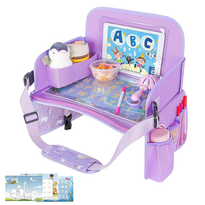 MENZOKE Kids Travel Tray for Toddler Car Seat, Road Trip Activities for Kids with iPad Holder Stand & Dry Erase Board, Road Trip Essentials Accessories Lap Tray as Travel Gifts for Kid, Pink