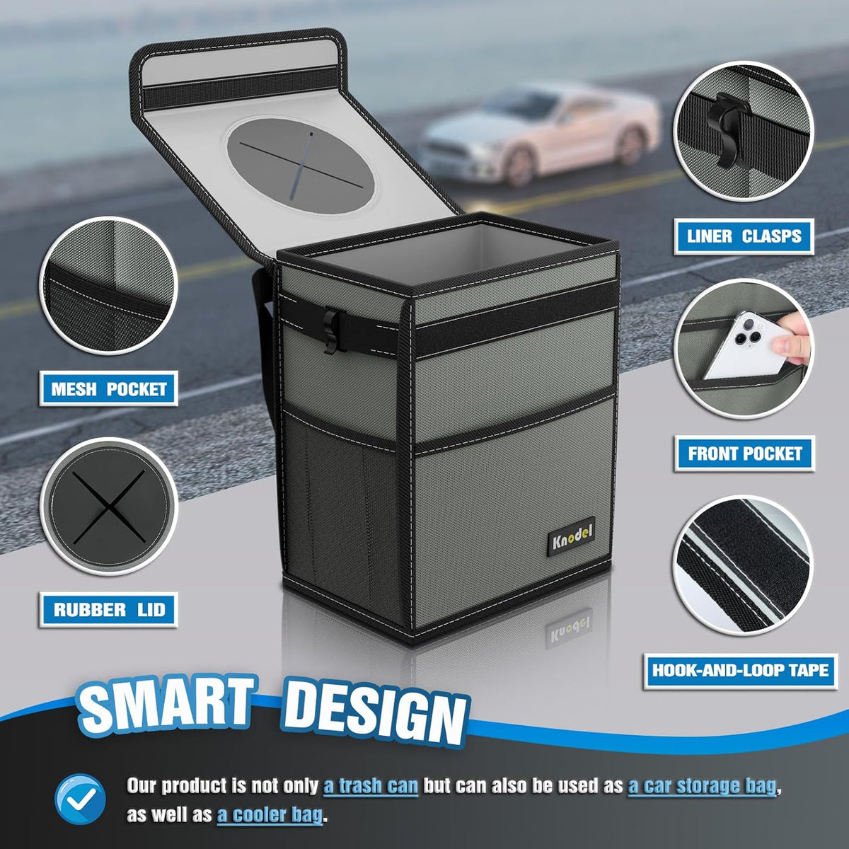 K KNODEL 2 Gallon Black Leak-Proof Waterproof Car Trash Can with Lid