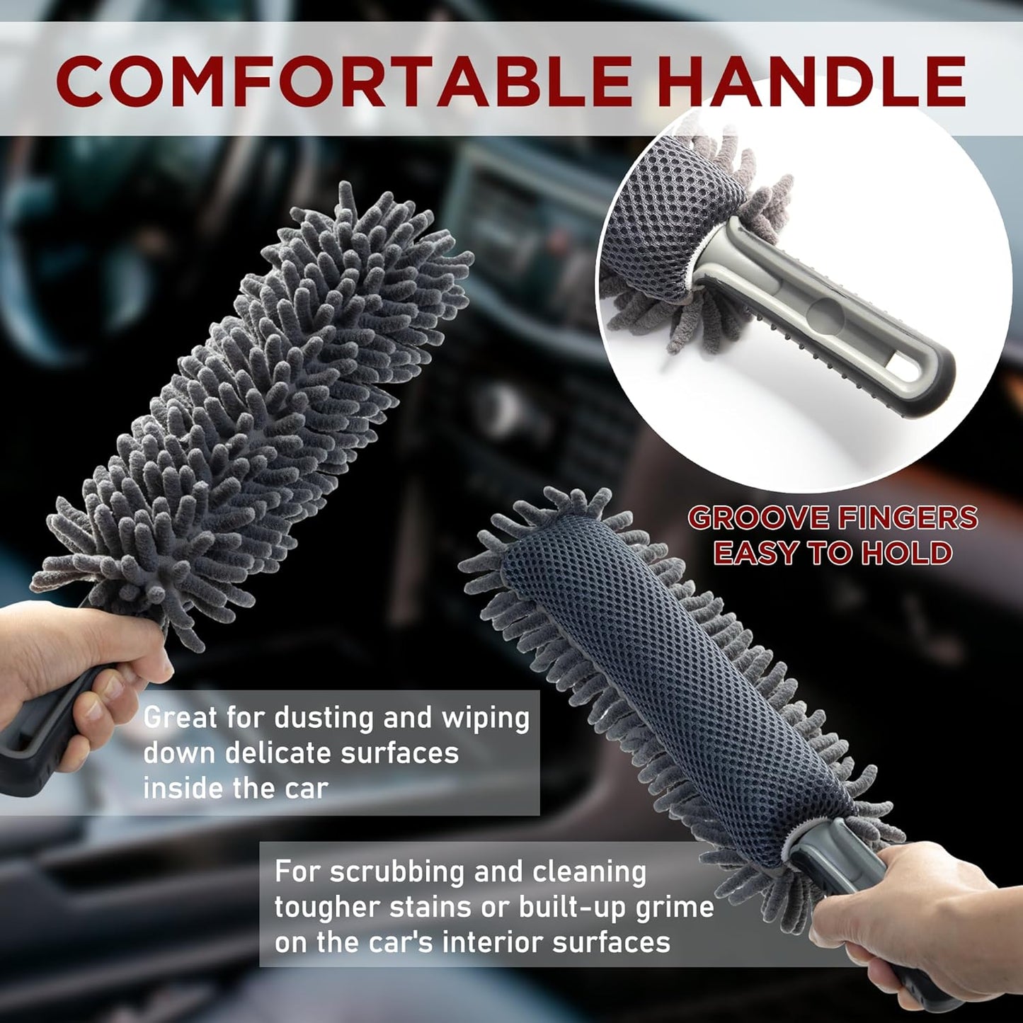 Car Duster Interior by TAKAVU, 360° Microfiber Fingers, Unbreakable Comfort Handle, Lint and Scratch Free, Include Microfiber Towel, for Car & Home Use, The Best Auto Accessories Gray