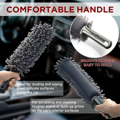 Car Duster Interior by TAKAVU, 360° Microfiber Fingers, Unbreakable Comfort Handle, Lint and Scratch Free, Include Microfiber Towel, for Car & Home Use, The Best Auto Accessories Gray