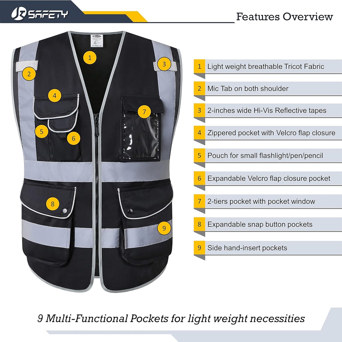 JKSafety 9 Pockets Class 2 High Visibility Zipper Front Safety Vest With Reflective Strips,Meets ANSI/ISEA Standard (Large, 150-Yellow) - Colors B