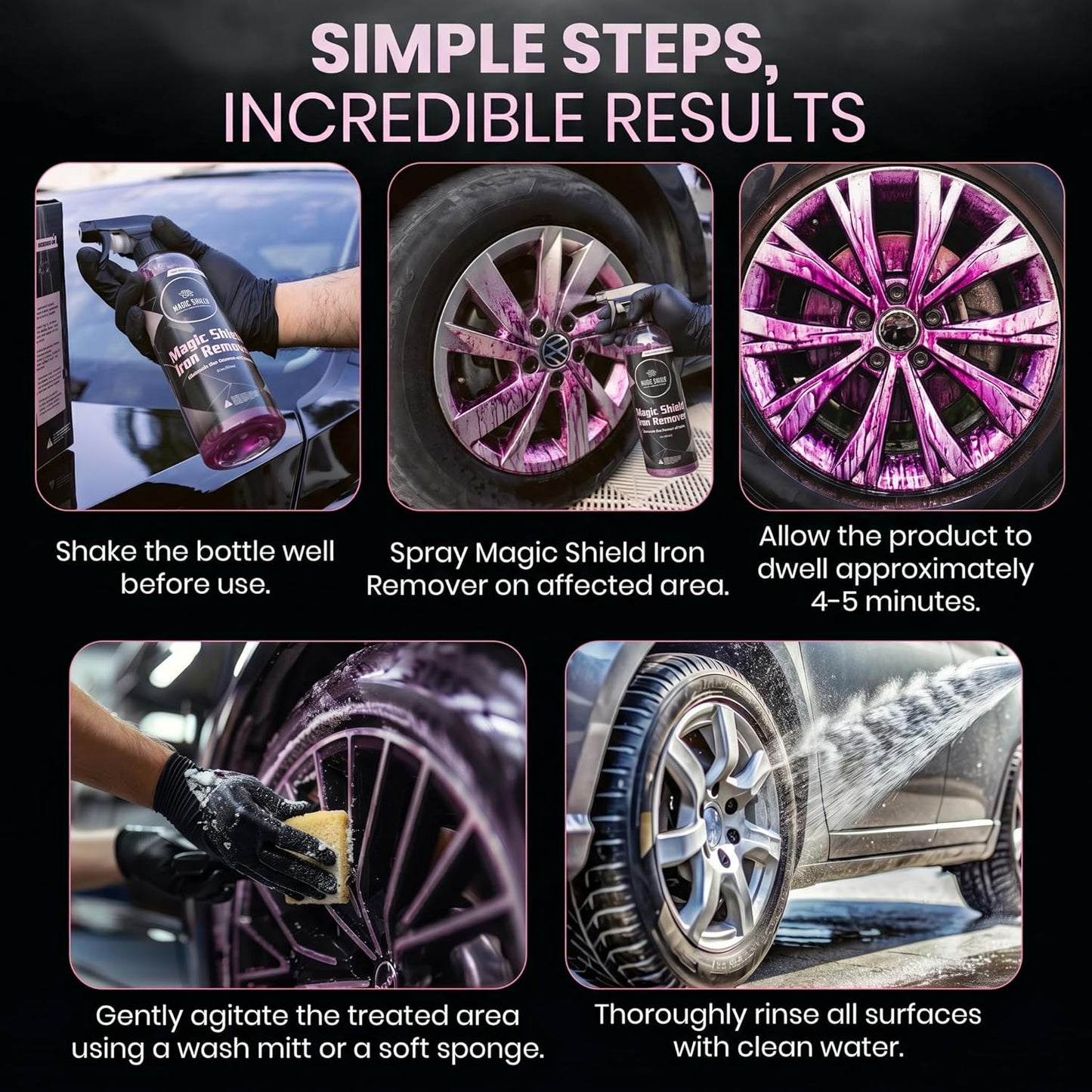 Magic Shield Iron Remover Spray for Cars 16oz - pH-Neutral Iron and Fallout Remover for Car, Motorcycle, RV & Boat | 5-Minute Reaction, Effective on Wheels & Paint | All-In-One Solution