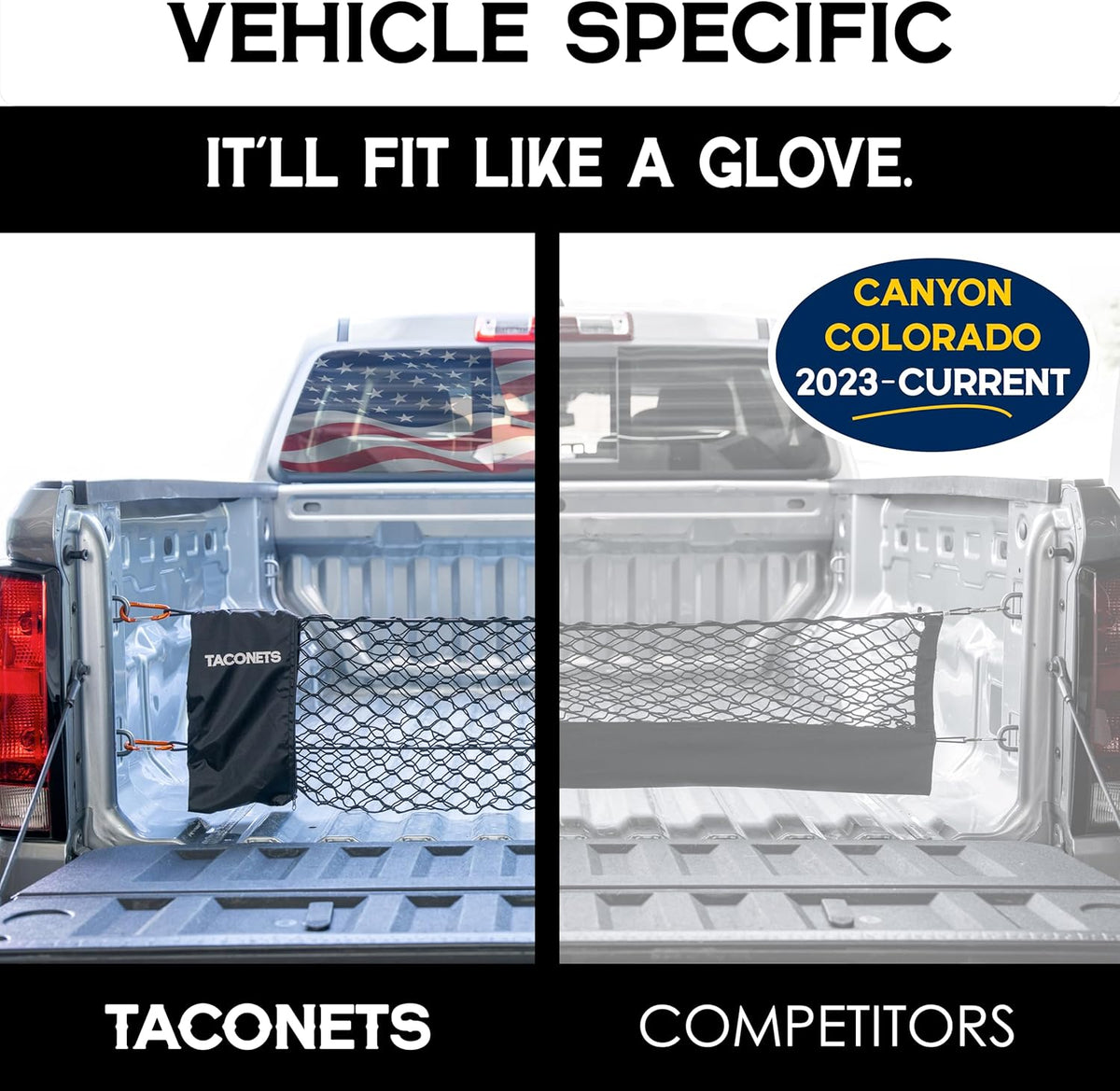 TacoNets Envelope Cargo Net for GMC Sierra & Chevy Silverado - Fits 2013-Current - Upgraded 5mm Bungee - Integrated Storage Bag - Heavy Duty Carabiners - Designed in USA