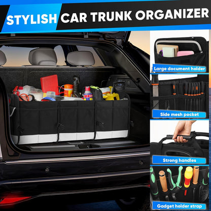 Simniam Large Trunk Organizer for Car, Foldable Multi Compartment Car Trunk Organizer with 2 Retractable Straps, Suitable for All Kinds of Cars, SUV, Minivan - 4 Compartments Red