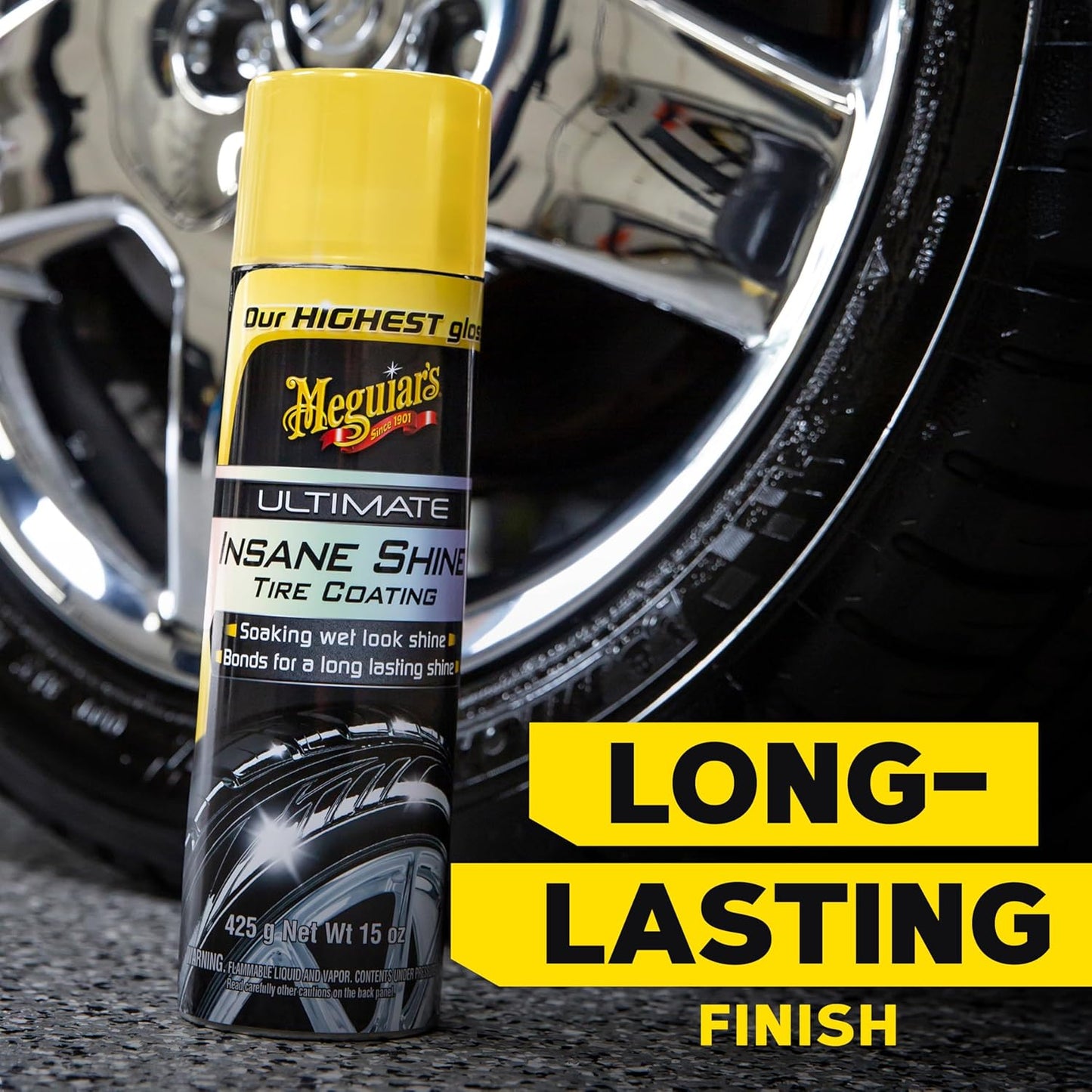 Meguiar's G190315 Ultimate Insane Shine Tire Coating, gives a Finish that Creates a Lasting Wet-Look for a Classic Black Shine, Easy to Use, No Hassle, No Mess, Ultimate Protection, 15 Oz Aerosol Can