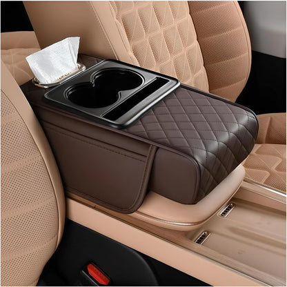Zpana Car Center Console Armrest Pillow, Memory Foam Leather 4 in 1 Vehicle Arm Rest Cover with Tissue Box 2 Side Storage Bag Cup & Phone Holder, Auto Armrest Cushion, Universal Fit (Black)