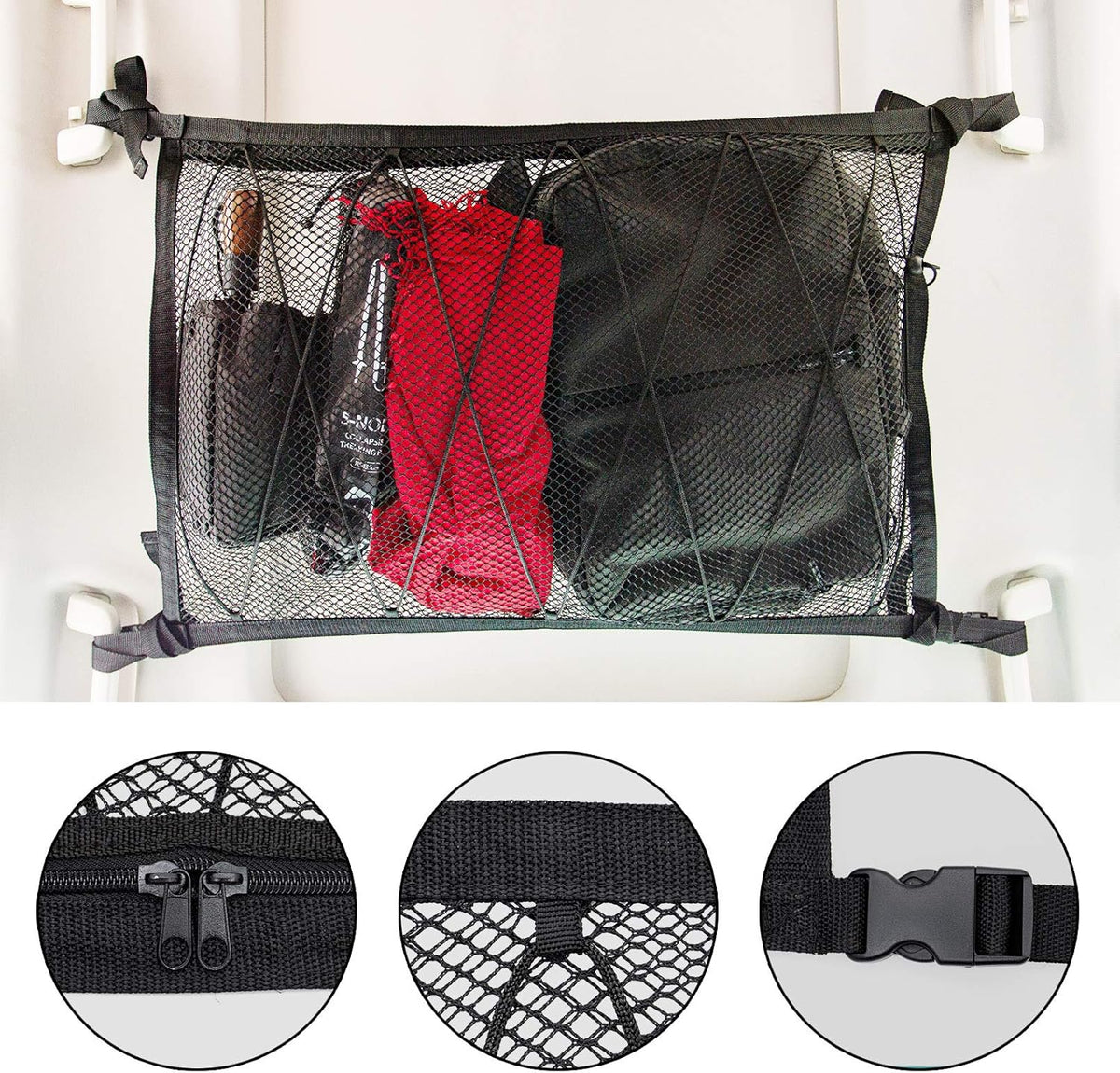 Car Ceiling Cargo Net, 31"x21" Adjustable Double-Layer Mesh SUV Roof Organizer, Van Life Accessories for Long Trip, Car Camping Essentials, Road Trip Must-Haves for Overhead Storage
