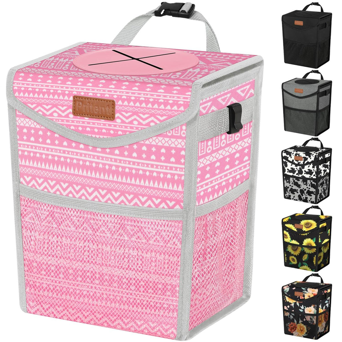 Pritent Car Trash Can with Lid, Cute Leakproof Car Trash Garbage Bag Hanging Vehicle Trash Bin Small Portable Automotive Garbage Cans Organizer for Back/Front Seat/Console(Trapezoid,Black)