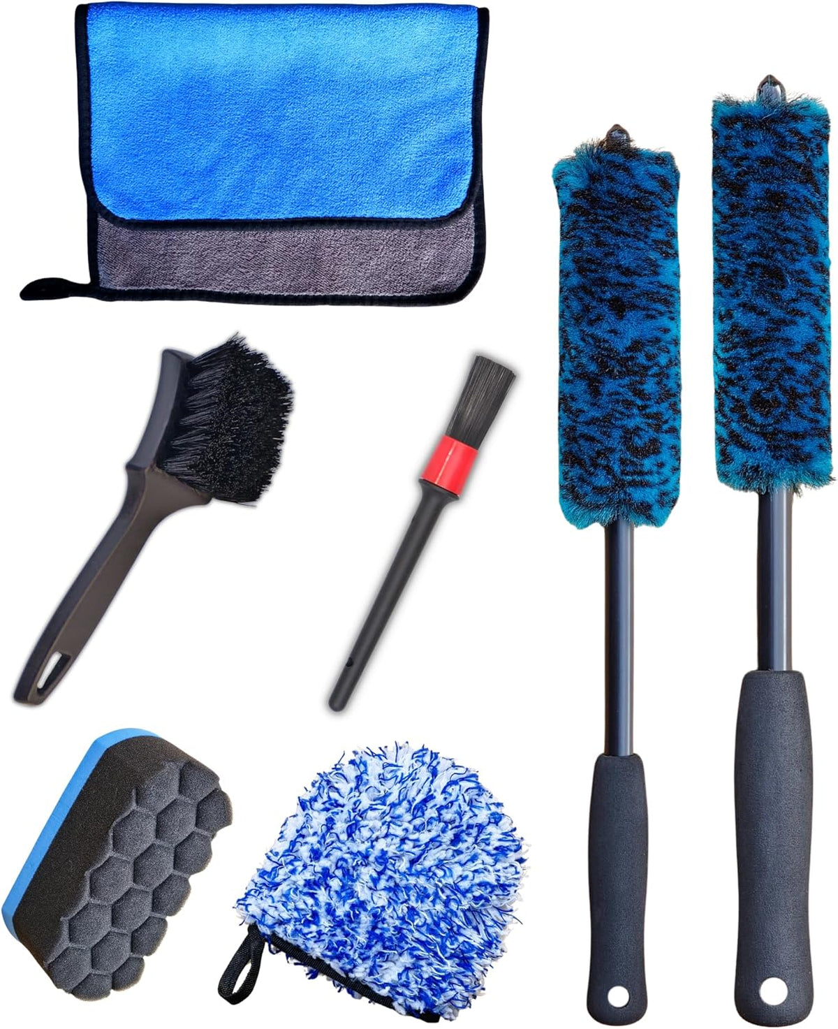 oesee Professional 4 Pack Long Handle Wheel Brush Kit for Cleaning Wheel and Tire- 2X Soft Wheel Cleaning Brush, Detailing Brush and Stiff Tire Brush, Bendable& Durable Wheel Rim Cleaner Brush Set