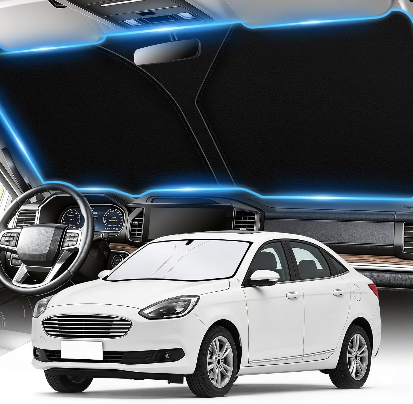 SINGARO 300T Universal Car Windshield Sun Shade, Foldable Reflective for Windshield & Window Shades with Overlapping Design, Car Interior Accessories (55" L x 26.7" W)