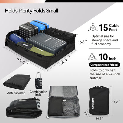 MARCHWAY Waterproof Car Roof Luggage Bag, Weatherproof Soft Shell Rooftop Cargo Carrier Bag for Vehicles with or Without Rack. 6 Door Hooks, Anti Slip Mat, Lock Included (21 Cubic Feet, Black)