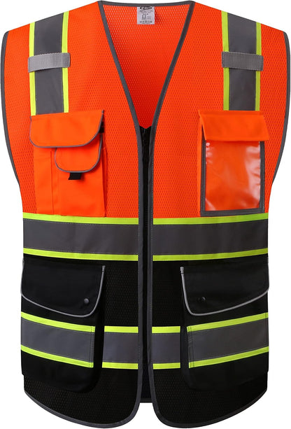 JKSafety 9 Pockets Class 2 High Visibility Zipper Front Safety Vest With Reflective Strips,Meets ANSI/ISEA Standard (Large, 150-Yellow) - Colors A