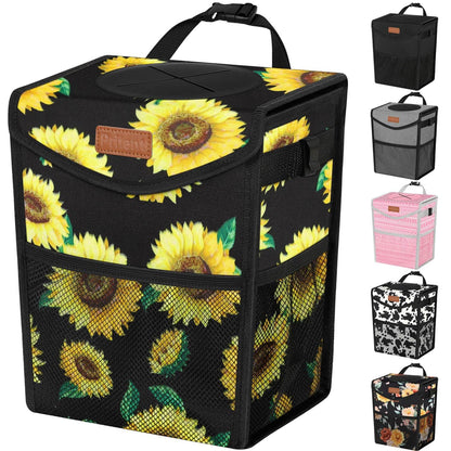 Pritent Car Trash Can with Lid, Cute Leakproof Car Trash Garbage Bag Hanging Vehicle Trash Bin Small Portable Automotive Garbage Cans Organizer for Back/Front Seat/Console(Trapezoid,Black)