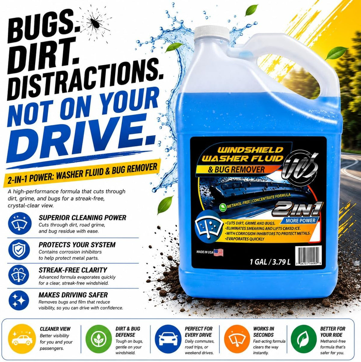 UCS 2-in-1 Windshield Washer Fluid 2-Pack (1 Gallon Each, 256 fl oz Total) – Ready to Use, Streak-Free Formula, All-Weather Cleaning, Removes Bugs, Dirt & Road Grime – Premium Windshield Cleaner