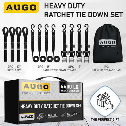 AUGO Ratchet Straps Heavy Duty 4 Pack -15 FT - 2200 LB Break Strength – with Safety Lock S Hooks - Cargo Straps for Moving, Appliances, Motorcycle – Soft Loop Tie Down Straps