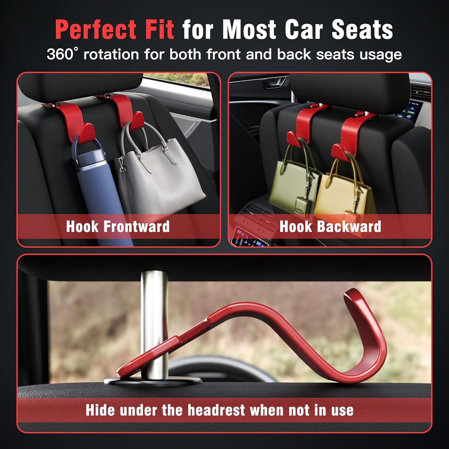 Amooca 4-Pack Car Headrest Hooks Vehicle Storage Organizer for Purses Handbags Groceries Backpack Coats –Holds 55lbs 360° Rotating Black