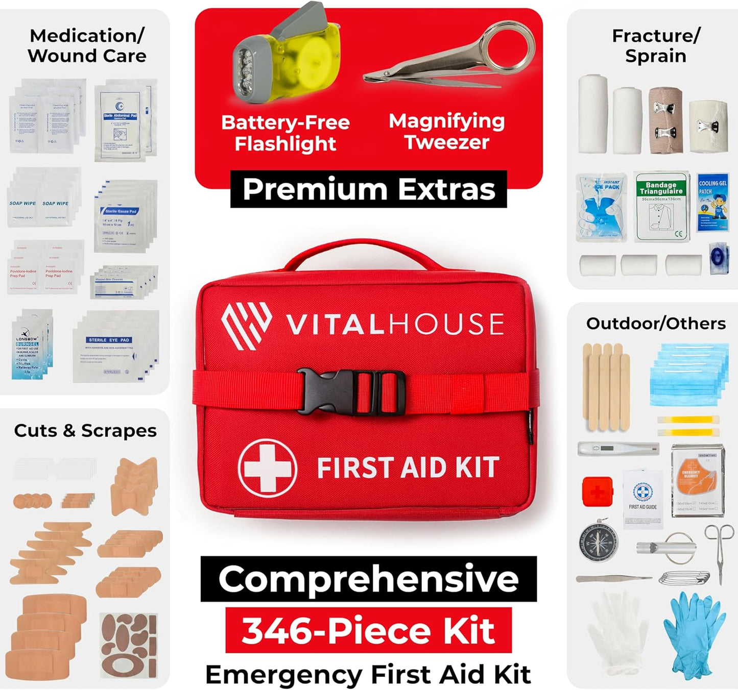 First Aid Kit 346 Piece with Tourniquet | Vital House Physician-Designed Emergency & Trauma Supplies for Home, Car, Travel, Camping & Hiking