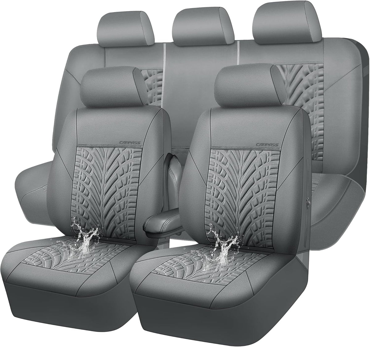 CAR PASS Car Seat Covers Full Sets, Front & Split Rear Bench for Car, 3D Tyre Embossed Automotive Interior Covers, Airbag Compatible, Quick Setup Universal Fit Seat Covers for Car, SUV(Charcoal)