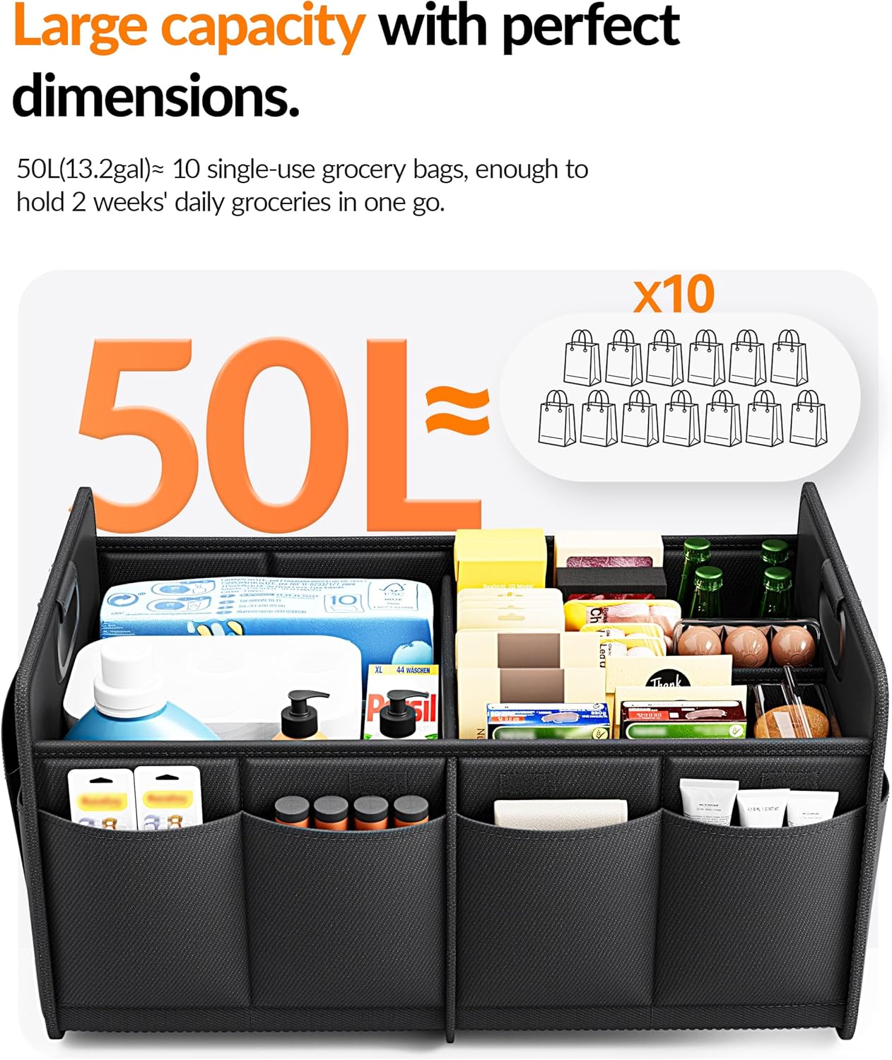 Homeve Car Trunk Organizer for SUV, 18.5Gal Large Capacity No-Sag Heavy Duty, Foldable Waterproof Anti-Slip Storage with 12 Pockets, Fit Sedan,Truck, Universal Car Accessories, Black, Large, 2 Compart