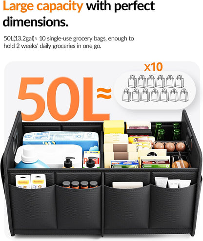 Homeve Car Trunk Organizer for SUV, 18.5Gal Large Capacity No-Sag Heavy Duty, Foldable Waterproof Anti-Slip Storage with 12 Pockets, Fit Sedan,Truck, Universal Car Accessories, Black, Large, 2 Compart