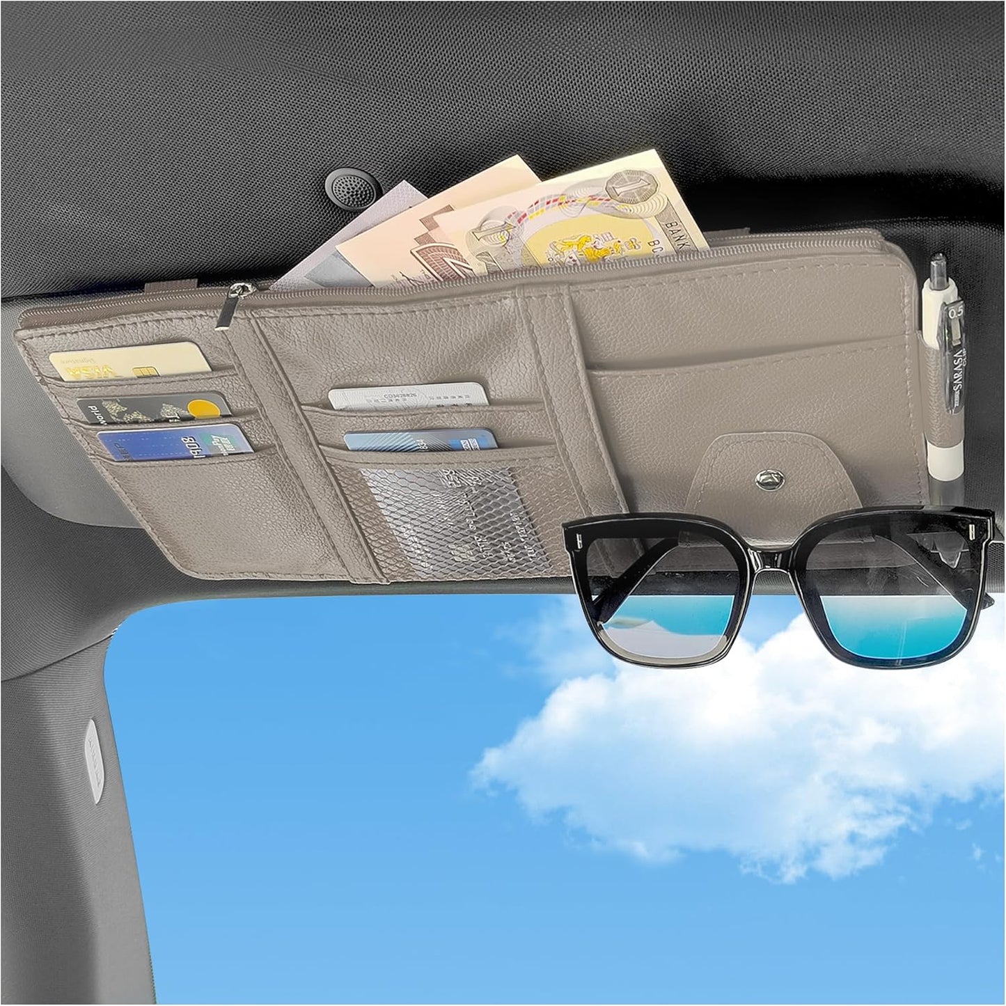 OFBAND Car Visor Organizer with Sunglass Holder,Multi-Functional Car Sun Visor Organizer with Zipper for Cards,Money,Tickets,Leather Interior Accessories (Black)
