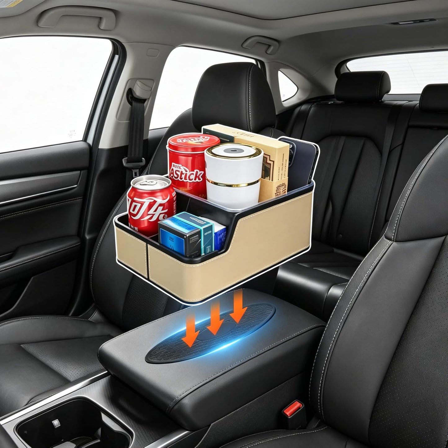 Car Storage Organizer Between Seats,Center Console Armrest Storage Box Back Seat Organizer with Small Compartment Car Interior Storage Box,Cup Holder Tray with Non-slip Mat(Black)