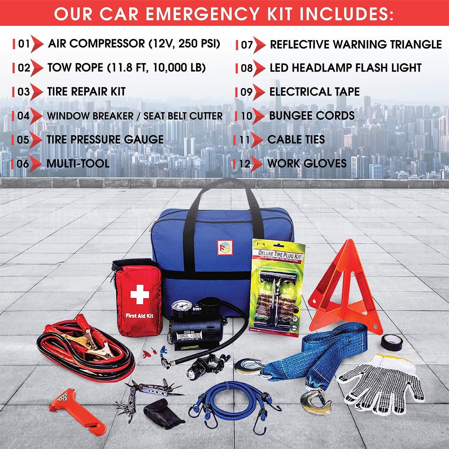 Car Emergency Kit with Air Compressor, Jumper Cables, First Aid, Tow Strap, Tire Gauge, Headlamp – Roadside Safety Kit for Women, Men, Teens
