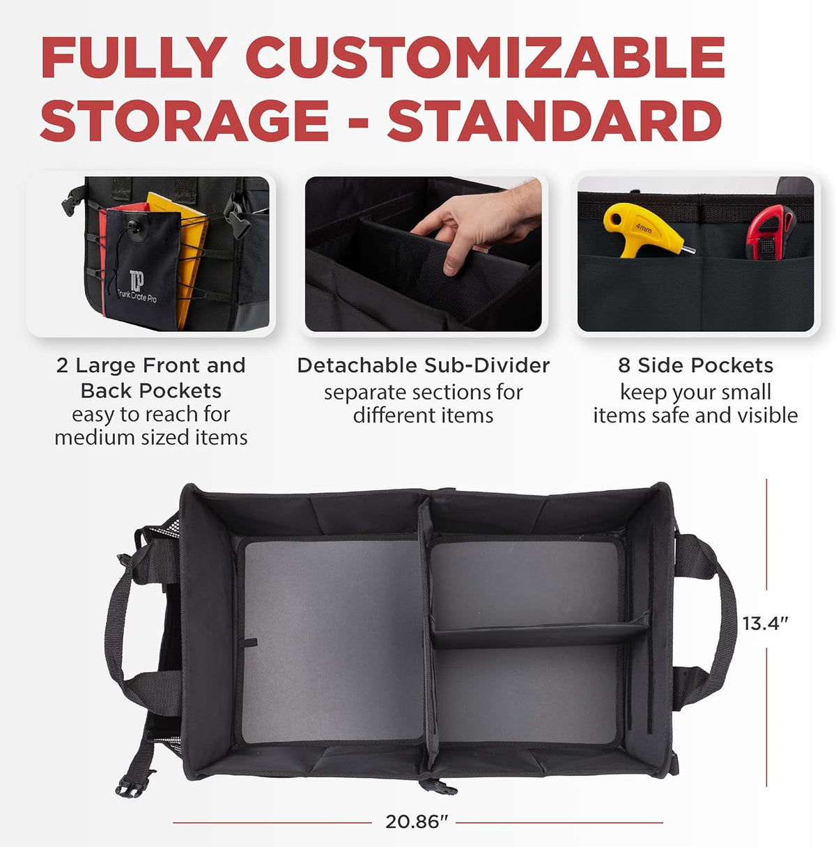 TRUNKCRATEPRO Trunk Organizer For Car, Suv, Truck | Premium Adjustable Multi Compartments Collapsible Car Trunk Organizer With Securing Straps & Non-Slip Bottom (Large Size, Black)